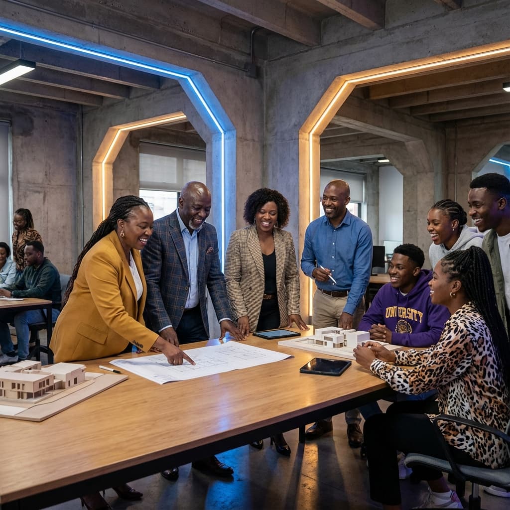 A group connecting and sharing ideas in a bright community workspace